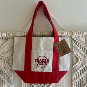 Trader Joe's Red and Cream Canvas Tote Bag